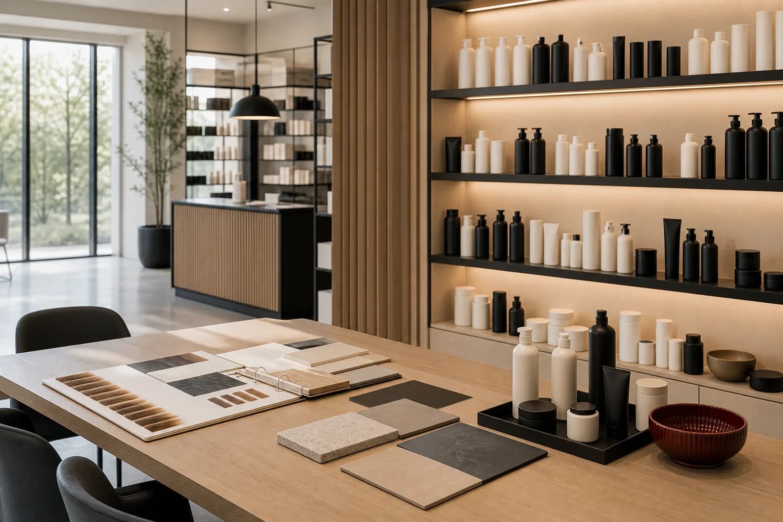 Showroom-Beratung mit Produktmustern und Saloneinrichtung